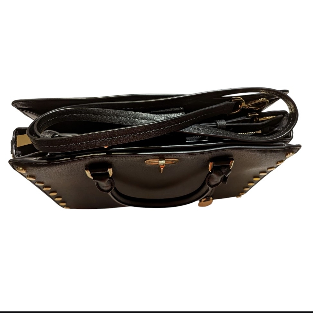Michael Kors Studded Leather Satchel Handbag Black/Gold One Size - Picture 7 of 16